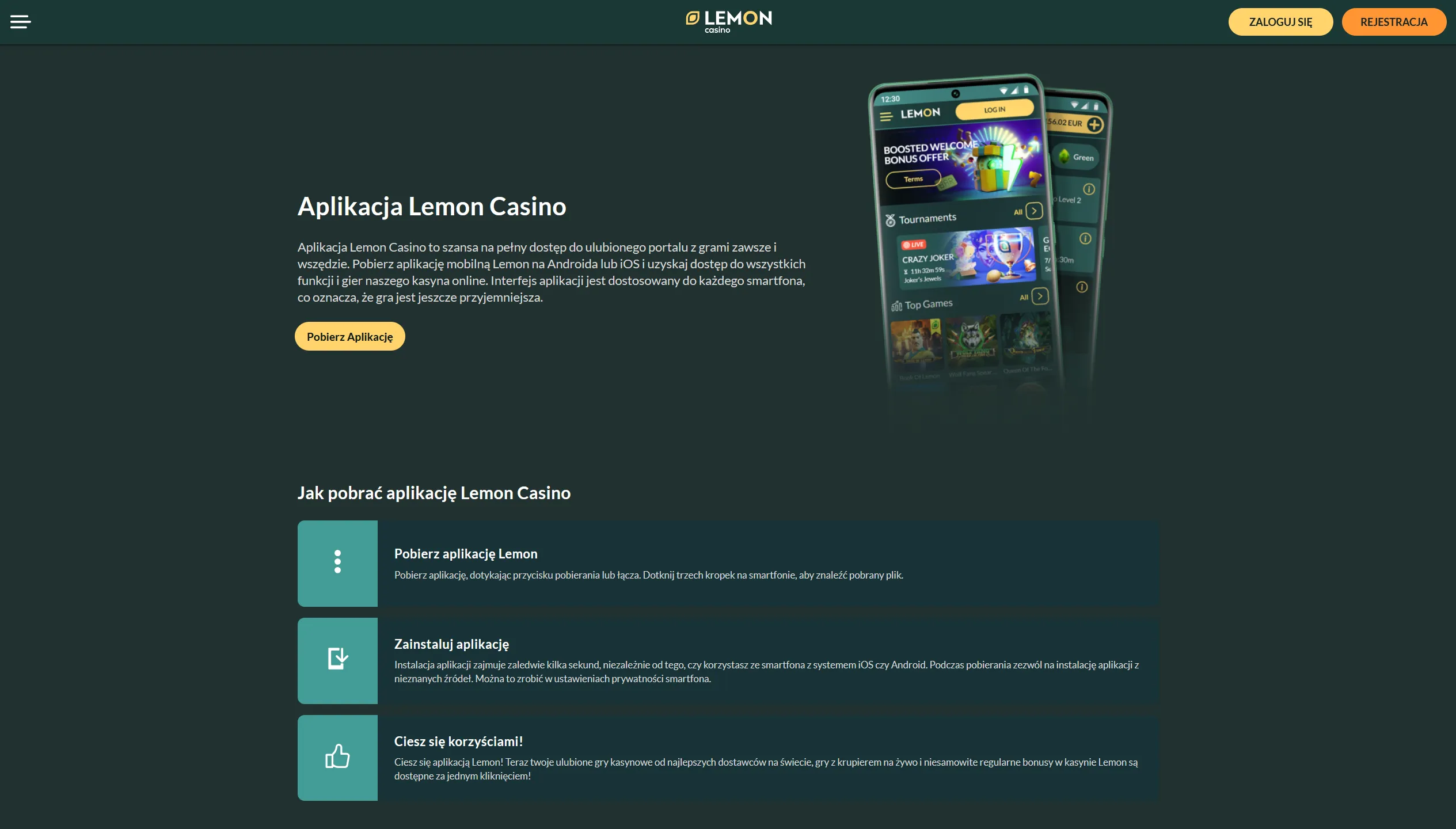 Lemon Casino app PWA na telefonie