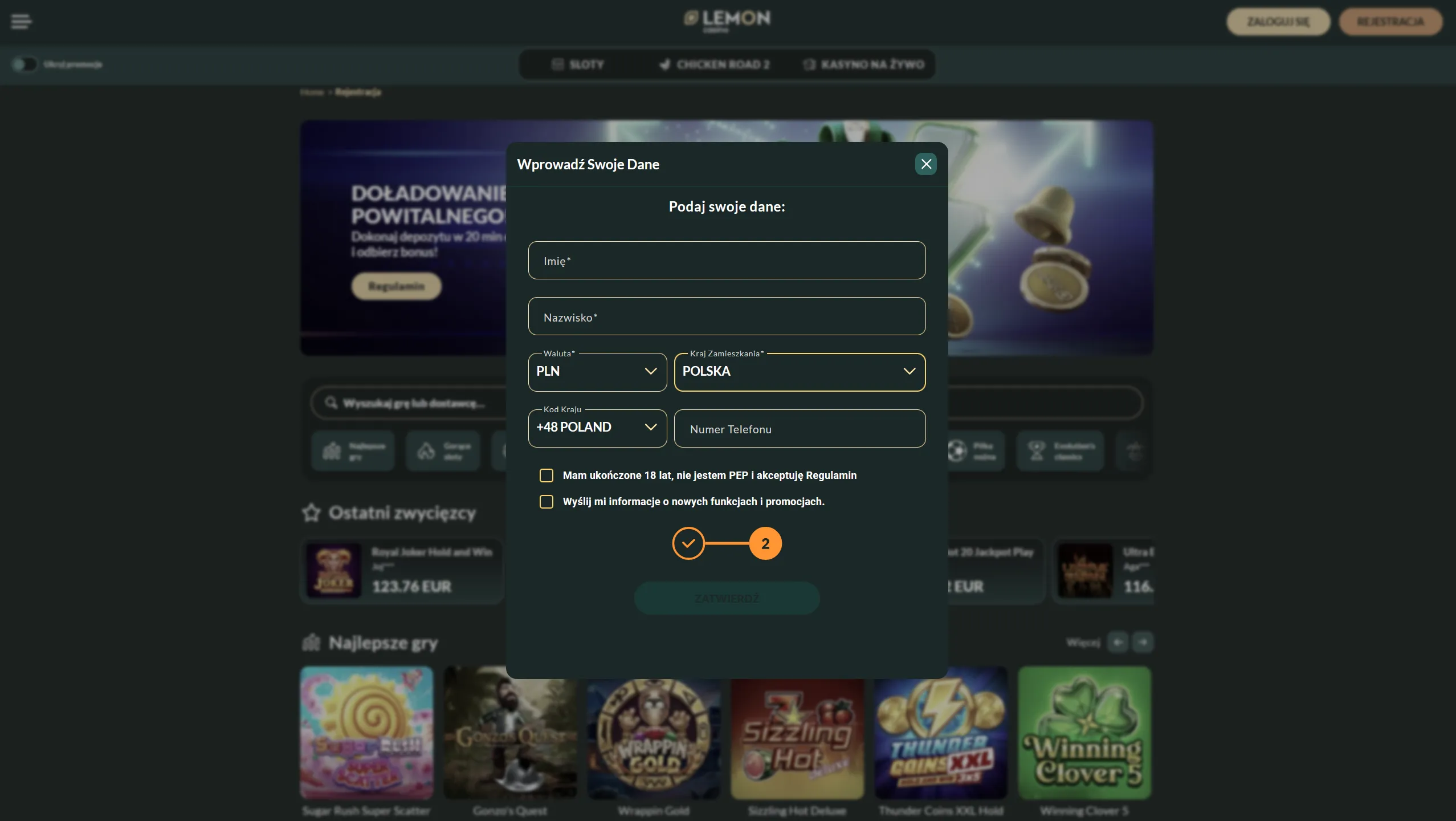 Lemon Casino — rejestracja nowego konta gracza
